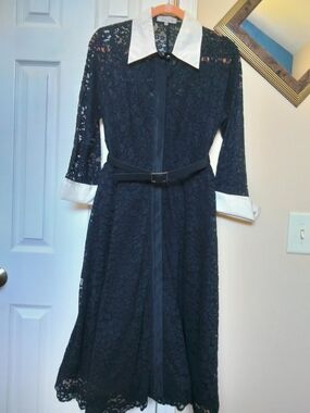 Teri Jon BlackLace Midi Dress with White Collar